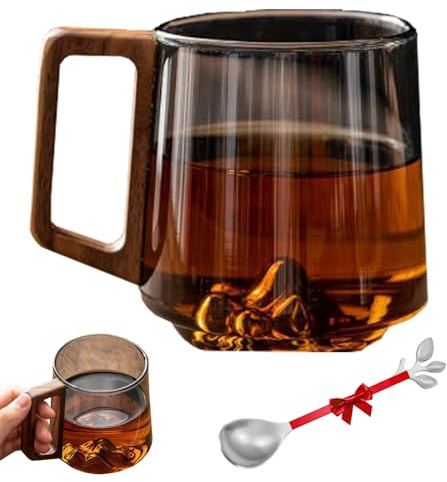 Smokey Gray Glass Slanted Coffee Cups with Wooden Handle, 2026 New Creative Mountain Bottom Wooden Coffee Mug for Water Glass Mug for Coffee & Tea Lovers (Smokey Gray)