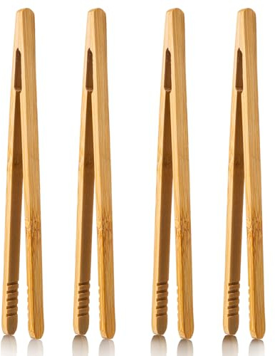 4PCS Bamboo Toaster Tongs, Small Wooden Tongs for Toaster, Bamboo Kitchen Utensils, Cooking Tweezers for Fruits, Salad, Pasta, Grilling, Bread, Pickles, Bacon - 7.1 Inch