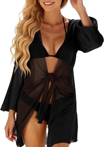 Saodimallsu, copricostume da donna, kimono estivo, cardigan lungo in chiffon, costume da bagno leggero, stola da spiaggia, poncho da spiaggia, abito da spiaggia sexy, Nero , S
