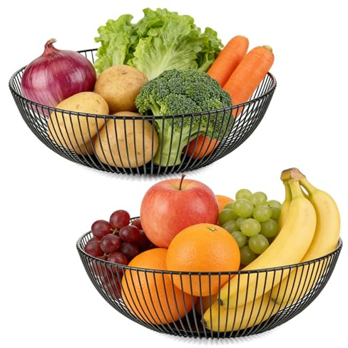 Gran Frutero de Metal Negro para Cocina Moderna, Cesta de Frutas Grande de 28x7.5 cm con Diseño Elegante y Duradero, Ideal para Organizar y Exhibir Frutas Frescas en tu Hogar o Mesa de Comedor