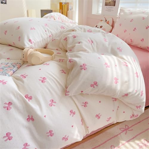 Koudi Schleife Bettwäsche 100x135 Rosa Weiß Herzmuster Bettbezug Set Schleifenmuster Mädchen Mikrofaser Kinderbettwäsche-Sets und Kissenbezug 40x60 mit Reißverschluss
