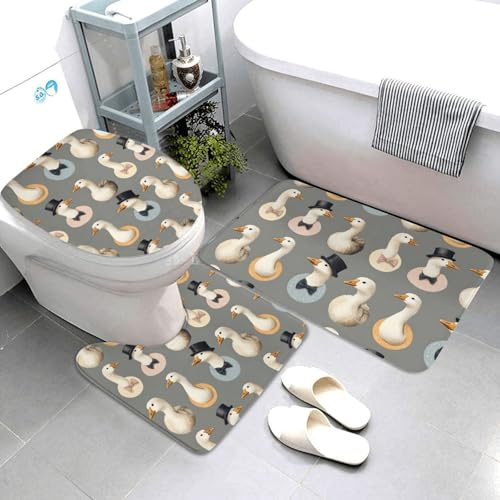 Nevjipu Set di 3 tappeti da bagno con stampa realistica di un'oca, assorbente, antiscivolo, lavabile, a forma di U, tappetino per il contorno del WC, tappetino per doccia, tappetino da bagno per WC e