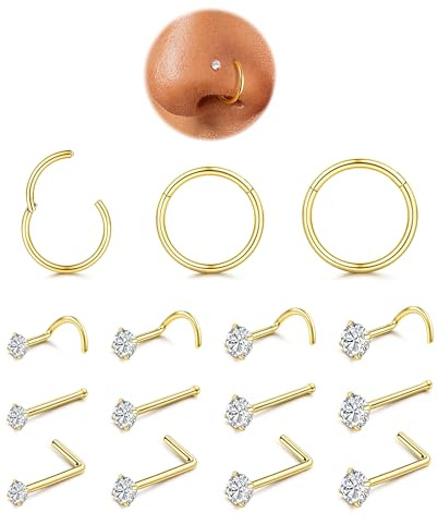 YADOCA 15Pcs Piercing Nez Acier Chirurgical Hypoallergénique 18/20G Piercing au Nez Or Anneau Piercings pour Femmes Hommes Piercings Septum Bijoux Femme