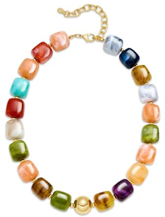 TOVABA Damen Resin Halskette Mit Bunten Abgerundet Eckigen Perlen, Geometrische Statement Kette Mit Goldfarbener Runder Mittelperle, Verstellbar Halskette Für Alltag, Urlaub Und Anlass