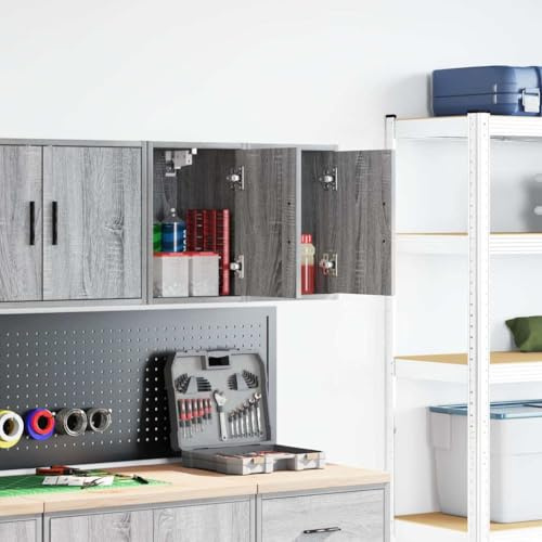 Mangloder garage väggskåp 2 stycken grå Sonoma-trämaterial med dörrar och fack för verktyg och tillbehör, hållbart materialskåp för garage, verkstad, kontor eller förråd