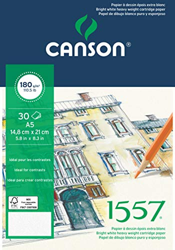 CANSON 1557 - Bloc 30 feuilles de papier dessin blanc A5 - 180g/m²
