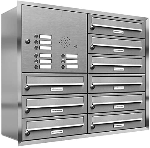AL Briefkastensysteme, 9er Unterputzbriefkasten, Briefkasten mit Klingel, 9 Fach, Briefkastenanlage modern, rostfrei Edelstahl Postkasten