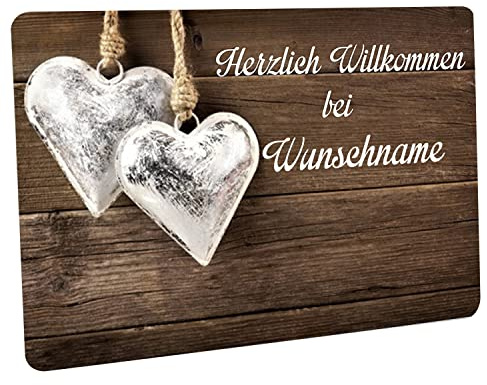 Crealuxe Fußmatte personalisiert - robuste, rutschfeste Fussmatte für Außen & Innen - waschbare Schmutzfangmatte - Fußabtreter Türmatte für aussen & an der Haustür - 60x40cm - Silberne Herzen mit Name