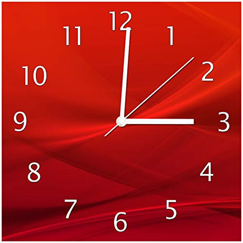 Wallario Design-Wanduhr Abstrakte rotes Muster - roter Stoff aus Glas, Motiv-Uhr Größe 30 x 30 cm, weiße Zeiger