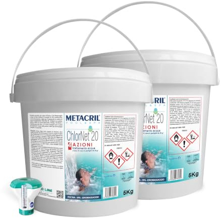 METACRIL Chlor Net 20 4 Azioni Multiazione 20 gr + Dos. Gallegg - (5+5)10KG | Cloro Multifunzione a Lenta Dissoluzione per il Trattamento Acqua di Piscina e Spa Idromassaggio con Dosatore Galleggiante