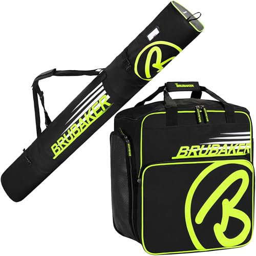 BRUBAKER Kombi Set Carver Champion - Skitasche und Skischuhtasche für 1 Paar Ski + Stöcke + Schuhe + Helm - Schwarz/Neon Gelb - 170 cm