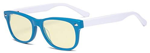 Eyekepper Computer Gaming Glasses for Kids - Blue Light Blocking with Yellow Filter Lens - Boys Girls Anti Glare Digital Glasses for Reading Screen - Blue Frame/White Arm