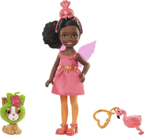 Barbie GJW30 - Club Chelsea Puppe (brünett) im Flamingo-Kostüm, mit Kätzchen und Zubehör, Spielzeug ab 3 Jahren
