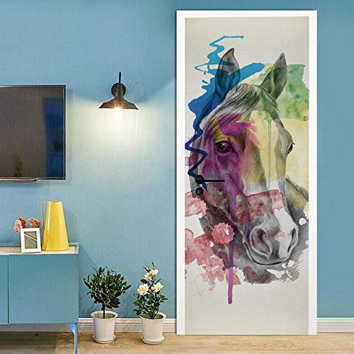 Türtapete selbstklebend Pferd TürPoster 3D Bewirken Fototapete Türfolie Poster Tapete Abnehmbar Wandtapete für Wohnzimmer Küche Schlafzimmer 77x200cm