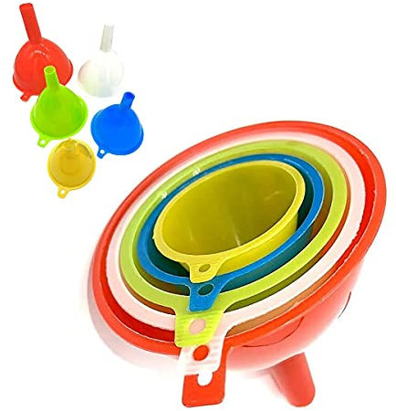Funnel Set for Filling Bottles or Containers 5 Pieces Multicolors Plastic Fuel Funnel Flexible Ring Holder Storage for Transferring of Spices Bean Jam Dishwasher Safe Kitchen Cooking Funnel