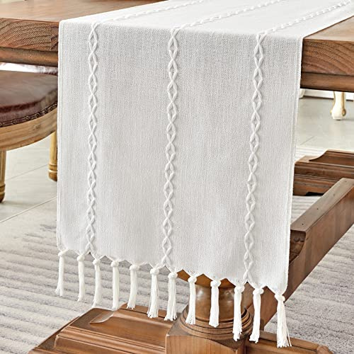 Wracra Tischläufer Weiß Baumwoll Leinen,Tischläufer Modern Bauernhaus | 90cm, Gestickt Strukturiert, Boho Tischläufer Handquasten, Maschinenwaschbar, Esszimmer, Feiertage, Party, Wohnkultur