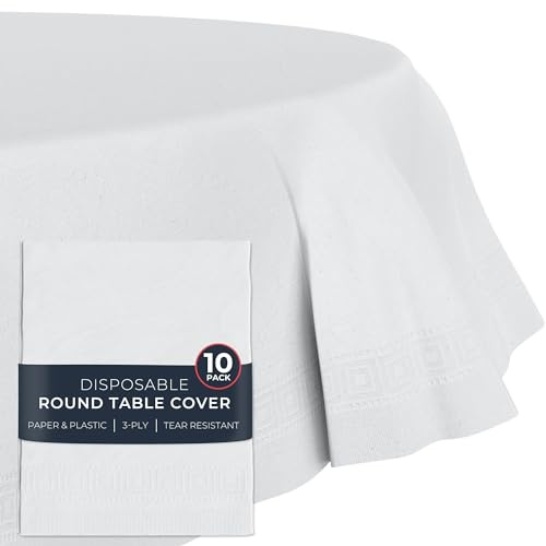 HOUZZKINGZ USA Paper Tablecloths for Round Tables | 82 - 10 Pack | White Paper & Plastic Disposable Table Cloths