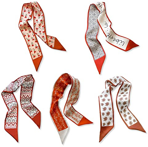 LumiSyne 5 Stück Seidenschal Damen Mädchen Skinny Schal Blume Gedruckt Geometrisch Karierte Muster Frischer Süßer Stil Satin Krawatte Schal Schmaler Lange Halstuch Kopfschmuck Griff Wrap Ribbon