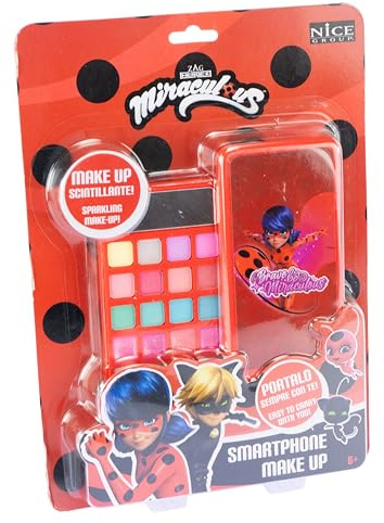Nice Group - Miraculous Smartphone Make Up, Set di Trucchi per Bambini con Ombretti, Lucidalabbra, Applicatore e Specchio