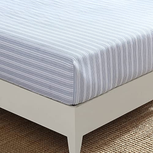 Nautica - Twin Size Fitted Sheet, 100% Cotton Lightweight Single-Ply Percale Bedding, Cool & Crisp Weave with Elasticized Fit for a Smooth Finish (Beaux Stripe Blue)