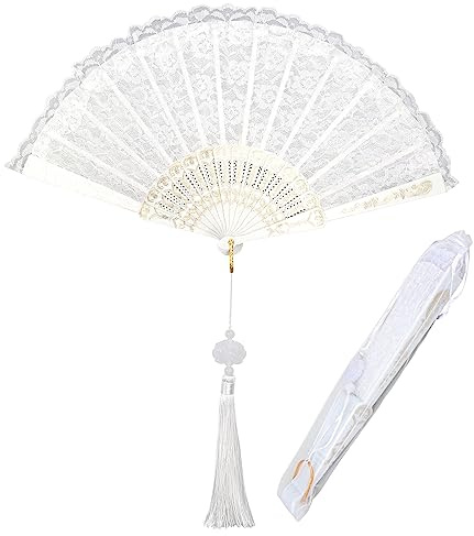 CTDMJ Handfächer Spitze Weiß Fächer Spitze Handfächer Hochzeit Fächer Brautfächer Weiß Handfächer mit Seide Geschenktasche Faltfächer Tanzfächer Faltfächer für Sommer, Hochzeit, DIY, Wand,XL