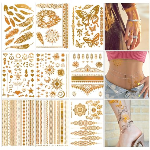 Tatouage Ephemere Femme Or 9 Feuilles Tatouage Temporaire Doré Bohème,Faux Tatouage Femme,Impermeable Peau Tatouage,Tatouage Éphémère pour Fête Anniversaire Bar Carnaval Maquillage Festival Party etc