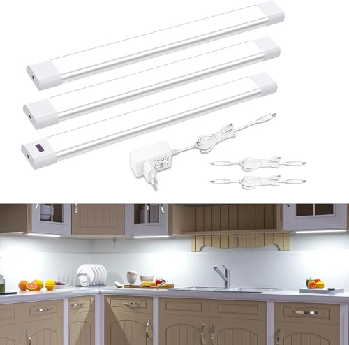 WOBANE LED Cocina Bajo Mueble con Sensor sin Contacto, 3 x 30cm | Brillo Regulable, Luz Armario Adhesiva para Debajo Gabinete,Estanterías,Encimera,Mesa de Escritorio, Blanco Frío 6000K