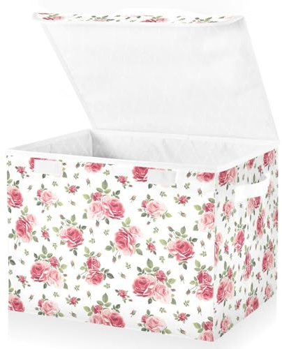 Mnsruu Aufbewahrungskörbe, zusammenklappbare Aufbewahrungskörbe mit Deckel, rosa Rosenblumen, Aufbewahrungsboxen, Kleiderkörbe für die Organisation