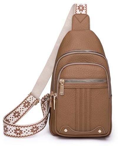Myhozee bröstficka dam slingväska, PU-läder crossbody bag dam liten axelväska dam axelväskor för utomhussport vandring, cykling, bergsklättring, resor, F201-brun, Vintage