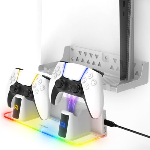 Fosmon - Väggfäste PS5, 5-i-1 Väggfäste för PlayStation 5 - Disk- och Digital Edition - Kompatibelt med PlayStation 5 - Avtagbart fäste för kontroll, hörlurar och fjärrkontroll - Vit.