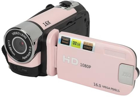 Akozon Digitale Videokamera, 1080P 16MP Digitalkamera 2,4 Zoll Drehbarer Bildschirm Camcorder 16X Zoom HD Videorecorder mit Fülllicht (PINK)