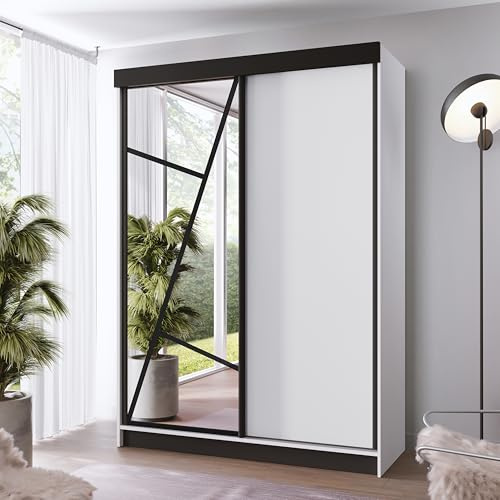 KIER FURNITURE - Schrank mit Spiegel - Kleiderschrank mit Schiebetüren, Fachböden und Kleiderstange - Garderobenschrank für Schlafzimmer, Flur - Weiß - 138x205x59cm