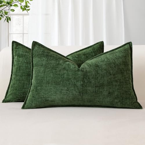 Sungeek Set med 2 mjuka chenille-kuddfodral 30 x 50 cm ländrygg dekorativa kuddöverdrag med sydd kant enfärgade kuddöverdrag för heminredning soffa bäddsoffa vardagsrum, grön