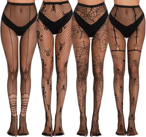ChAusa 4 Paar Halloween Netz Strumpfhose Totenkopf Spinnen Netzstrumpfhose Schwarz Fishnet Stockings Strumpfhosen Damen Muster Strumpfhose Muster Halloween Kostüm Damen Halloween Kostüm Accessoires