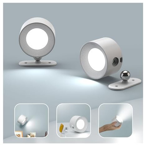 Coollamp LED Wall Light, 2Pack Wall Lamp with 3 Color Modes 3 Brightness Levels 360°Rotate Magnetic Touch Control, Battery Operated Wall Lights for Living Room Bedroom Reading