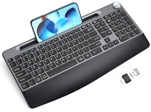 JOYACCESS Ergonomic Wireless Keyboard with Wrist Rest, Low-Profile,Phone Holder,2.4GHz Full Size Silent Cordless USB Computer Keyboard for Windows, Mac OS Desktop/Laptop/PC-Black Grey