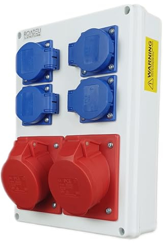RoadEu - Steckdosenverteiler - 2x CEE 16A Steckdose mit 4x Schuko 230V. Stromverteiler IP44 Für den Innen- und Außeneinsatz Baustromverteiler 16A. Ausschließlich Europäische Komponenten.