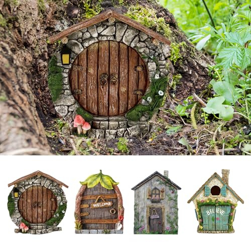 YUZHEDM 2D Porte des Elfes Miniatures 4 Pièces Porte Fee Miniatures Buis Figurines Miniatures Elfes Petit et Exquis Statue Jardin Exterieur Convient pour Les Jardins comme Carillons Eoliens