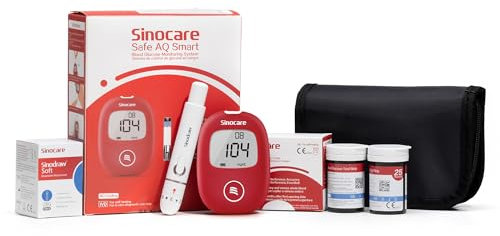 Medidor de Glucosa en Sangre Sinocare, Kit Completo con 50 Tiras Reactivas y Dispositivo de Punción Indoloro, Resultados en mg/dL (Modelo Safe AQ Smart)