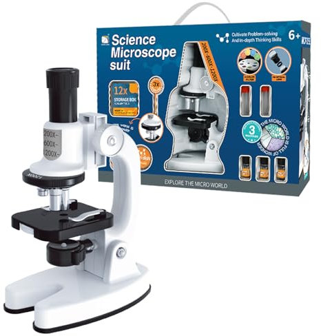 RATSTONE Microscopio per bambini a partire da 8, Smart Deluxe, 1200x, con supporto per cellulare, bianco