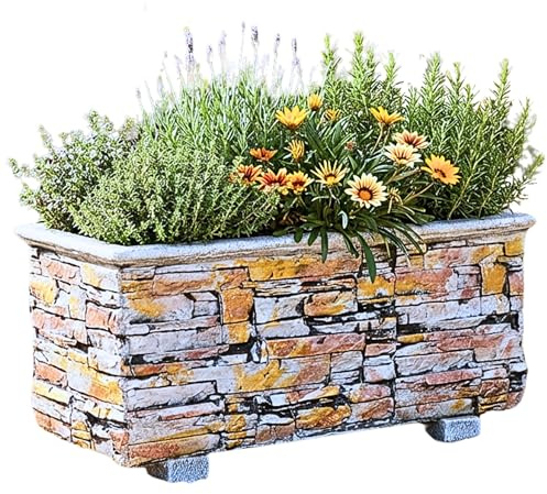 Garden Pley - Jardinera Exterior de Lajas, Hormigón 90x42x39 cm, Vintage | Maceteros grandes exterior y jardineras exteriores grandes; jardinera rectangular exterior de hormigón