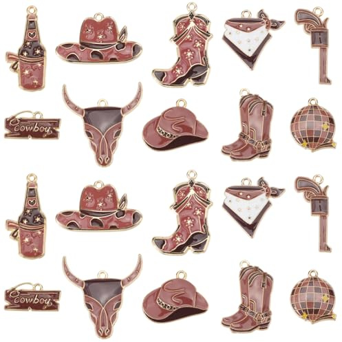 SUNNYCLUE 1 Box 40 Stück 10 Stile Charms Mit Cowboy Motiv Western Emaille Charms Großpackung Braunee Metalllegierung Stierkopf Hut Schal Stiefel Flaschen Charm Für Die Schmuckherstellung Anhänger Armb