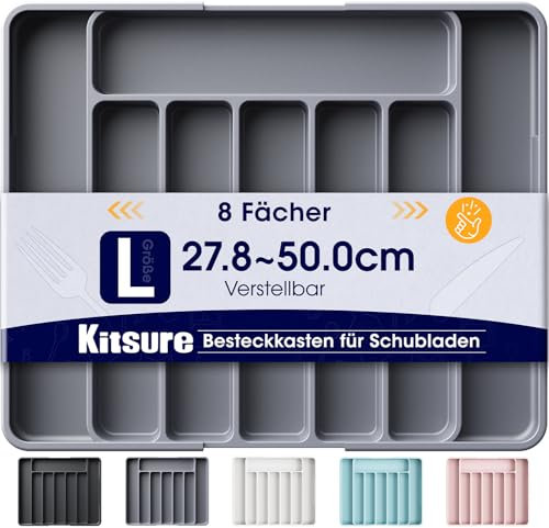 Kitsure Schubladen-Besteckkasten – verstellbarer Schubladeneinsatz aus BPA-freiem Material, Mehrzweck-Schubladen-Organizer, Küchen-Organizer, groß, Grau, 34.90 x 28.40 x 4.00 cm