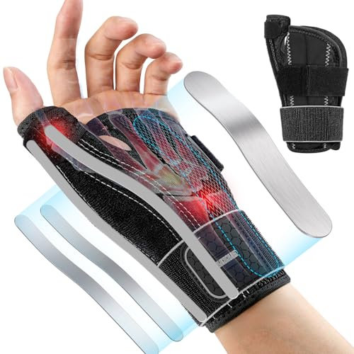 Rakiie Wrist & Thumb Brace, Carpal Tunnel Wrist Brace Left Hand for Tendonitis, Sprain,Thumb Splint with 3 Metal Splints, 2 Thumb Strips, Breathable Hand Brace for Men Women (Gray, S/M, L)