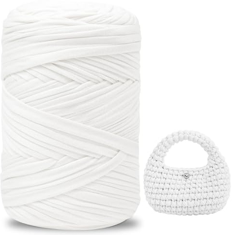 iEGrow Fil pour Crochet，400 g/140m Fil Polyester en Tissu Chunky Tshirt Yarn, T-Shirt Crochet pour Sac，Paniers，Bricolage，Décoration d'Intérieur，Tapis, Bricolage Blanc