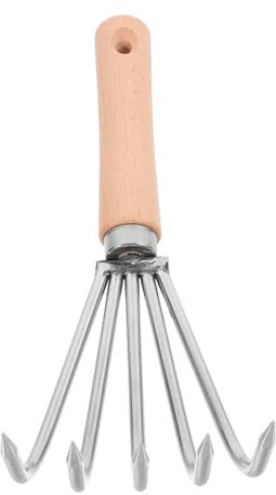Mipcase Râteau De Désherbage Japonais Acier Inoxydable Petite Main Fourche à Dents Manche Court Bois Outil Polyvalent pour Jardinage Et Aération du Sol