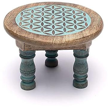 LivuX Tavolo d'altare Fiore della Vita Rotondo - Stampa blu - 15 × 15 × 10 cm - Legno di mango massiccio - Tavolo spirituale per rituali, cristalli, figure degli dei, prodotto naturale 1304