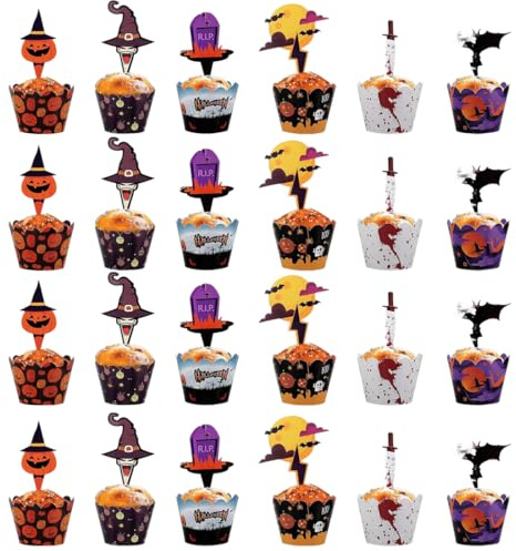 ZORVUJI Set di 48 Topper per Cupcake e Pirottini per Muffin per Festa di Halloween con Spiedini Decorativi di Zucca e Pipistrello