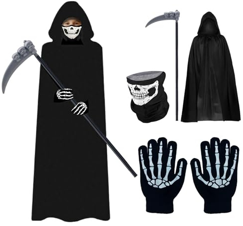 Horuili® Disfraz de Muerte, Traje de Halloween con Capucha, Guadaña, Máscara y Guantes, Decoración para Fiestas, Cosplay, Carnaval, 120 cm (para altura hasta 160 cm)