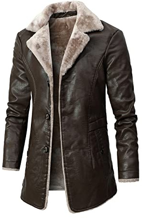 Mens Faux Leather Coats Mens Sherpa Lined Fleece Winter Jackets Thermal Button Down Long Sleeve Trench Coats Fashion Warm Turndown Collar Plain Color Outerwear